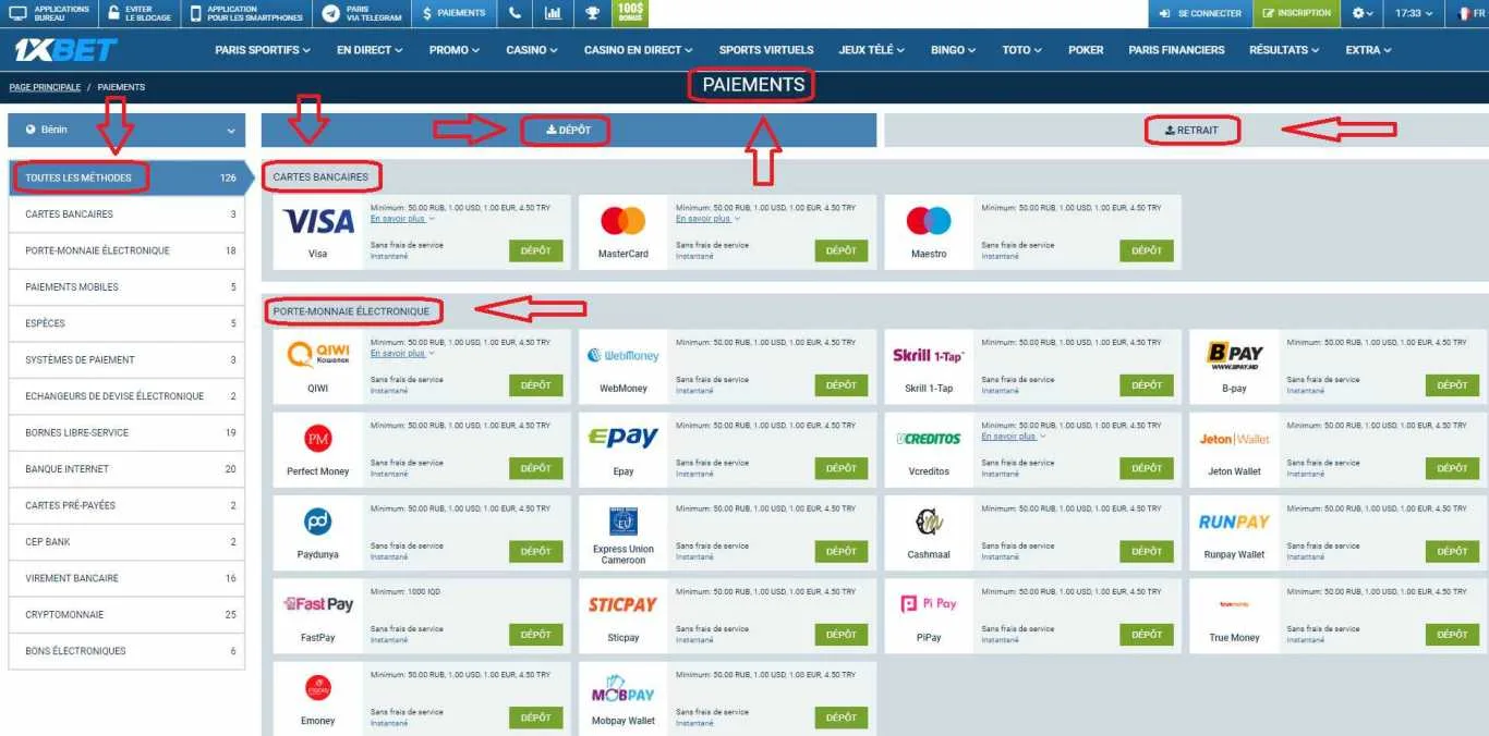 Modes de paiement en ligne 1xBet Bénin